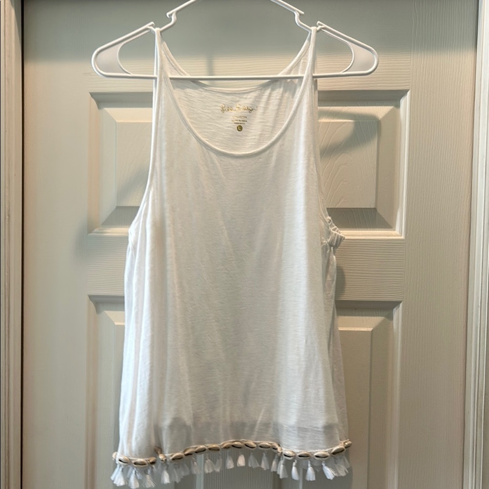 Lilly Pulitzer White Ruffled Tank Top with Scoop Neck Shells and Tassel Detail